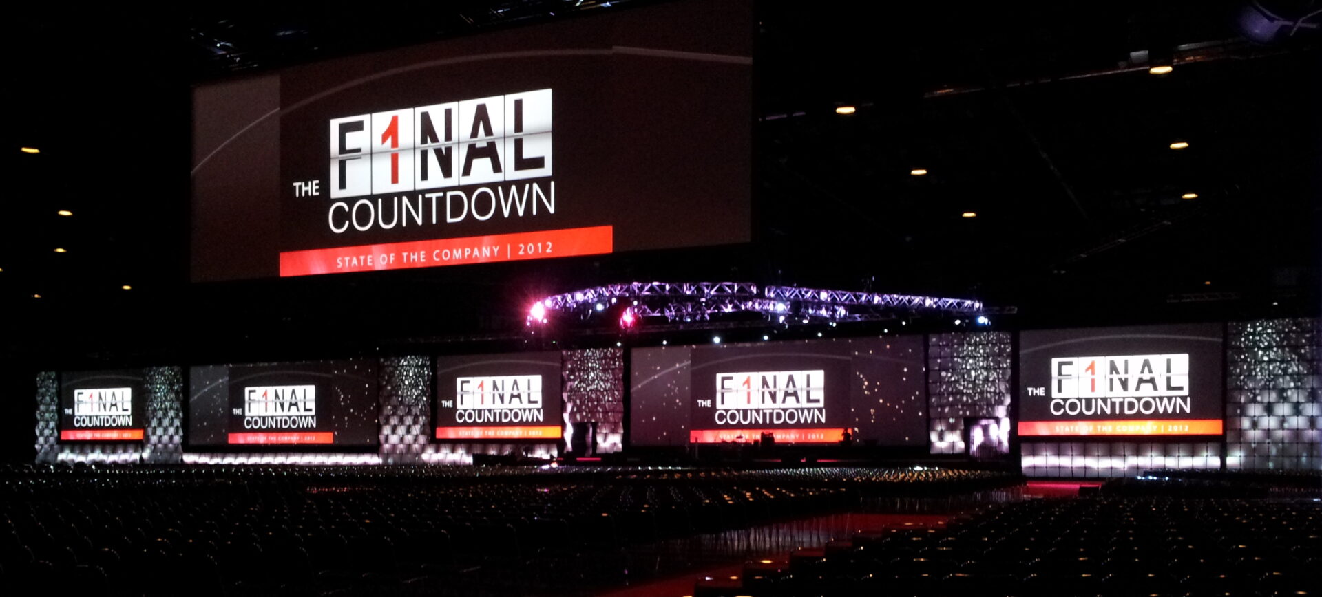 A large screen with the words " final countdown ".
