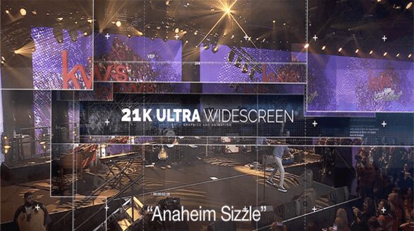 A large screen with the words " anaheim sizzle ".